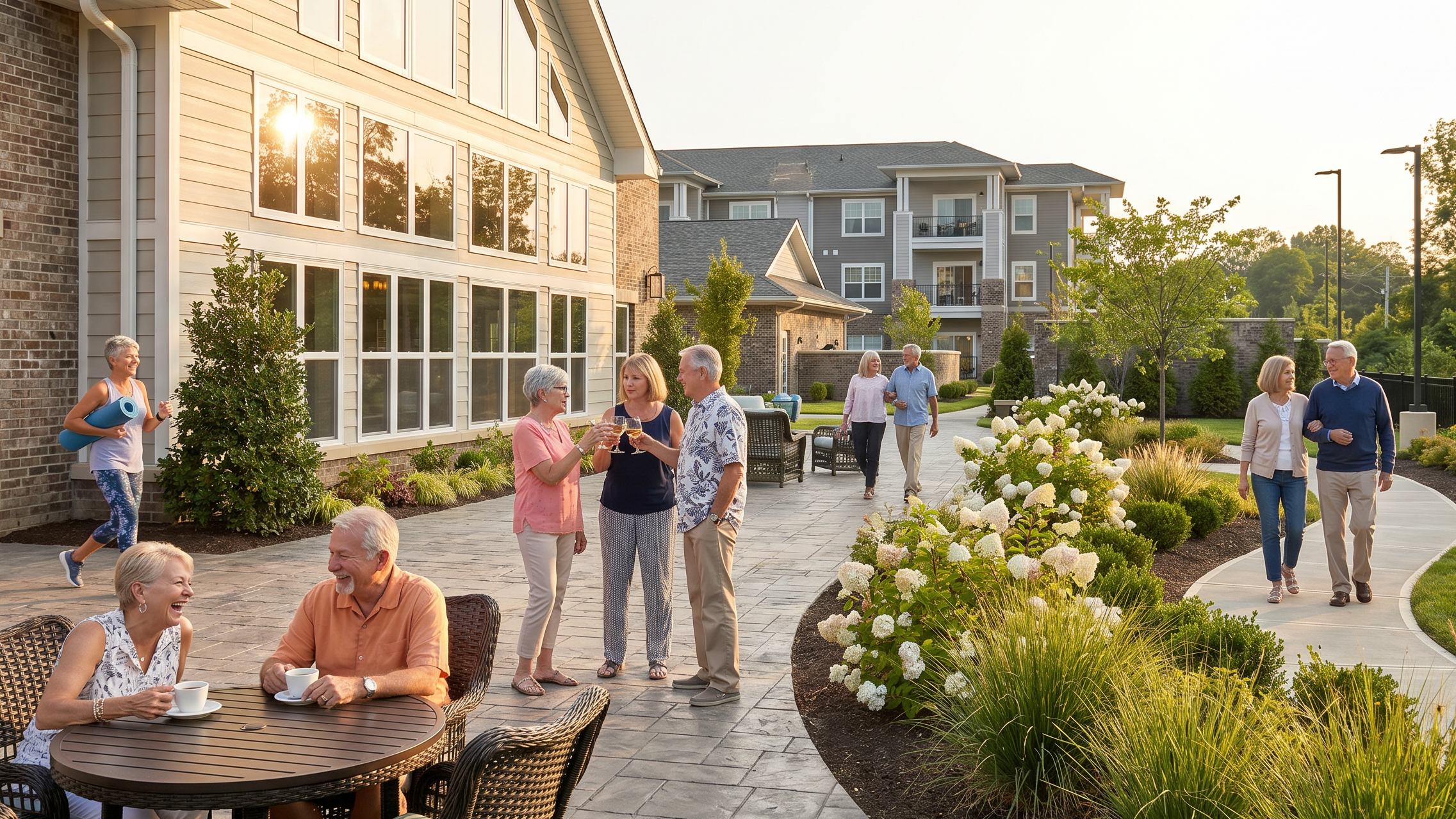 Active older adults enjoying a modern independent living lifestyle focused on freedom, wellness, and connection